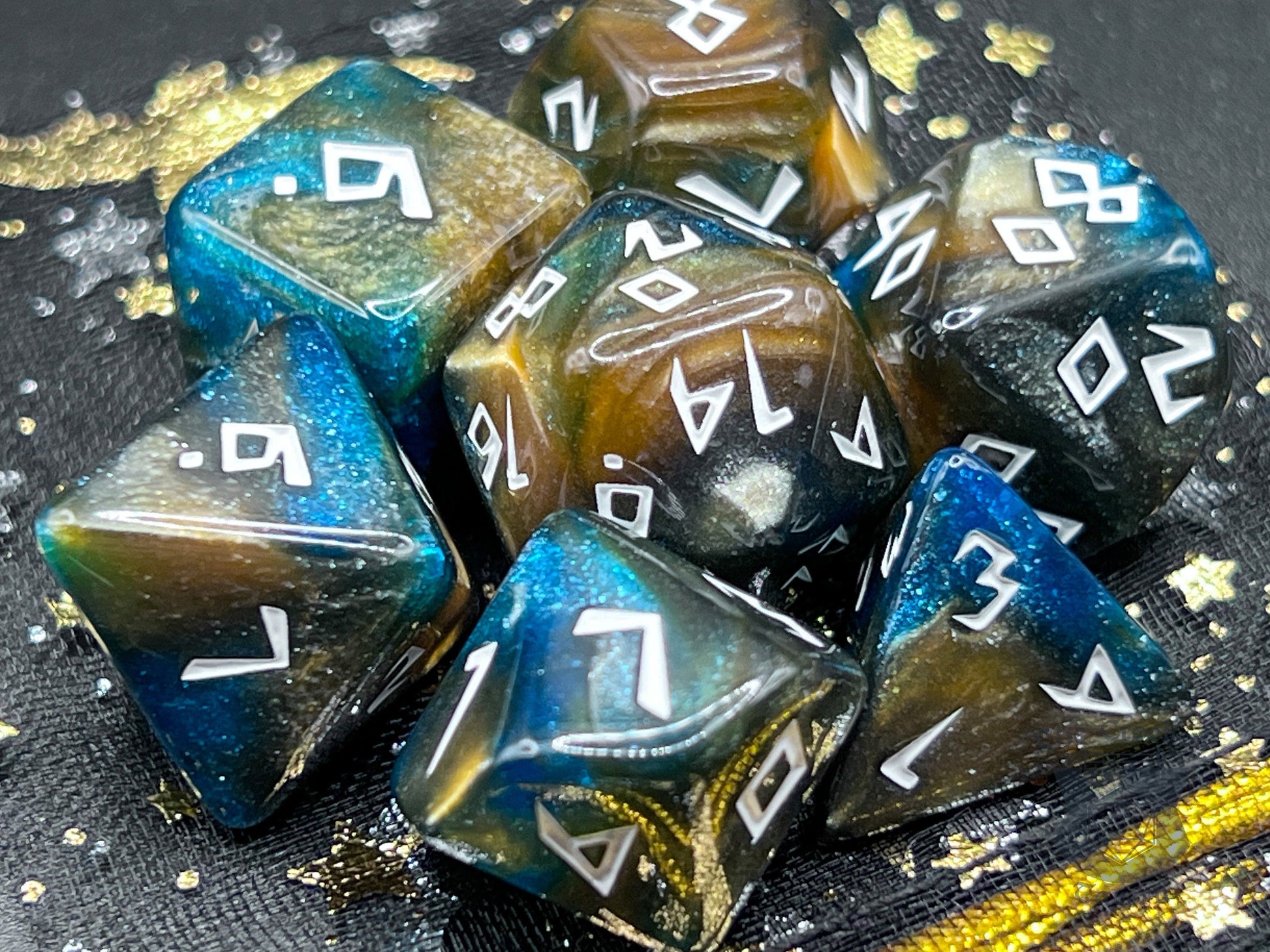 The Crooked Tavern Dice Sets Night Runes RPG Dice Set | Blue, Black, Yellow with Runic Font
