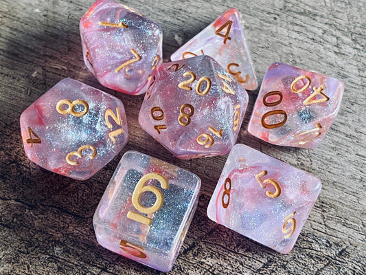 The Crooked Tavern Dice Sets Peach Dreams RPG Dice Set | Sparkle Resin with Pink and Purple Swirls