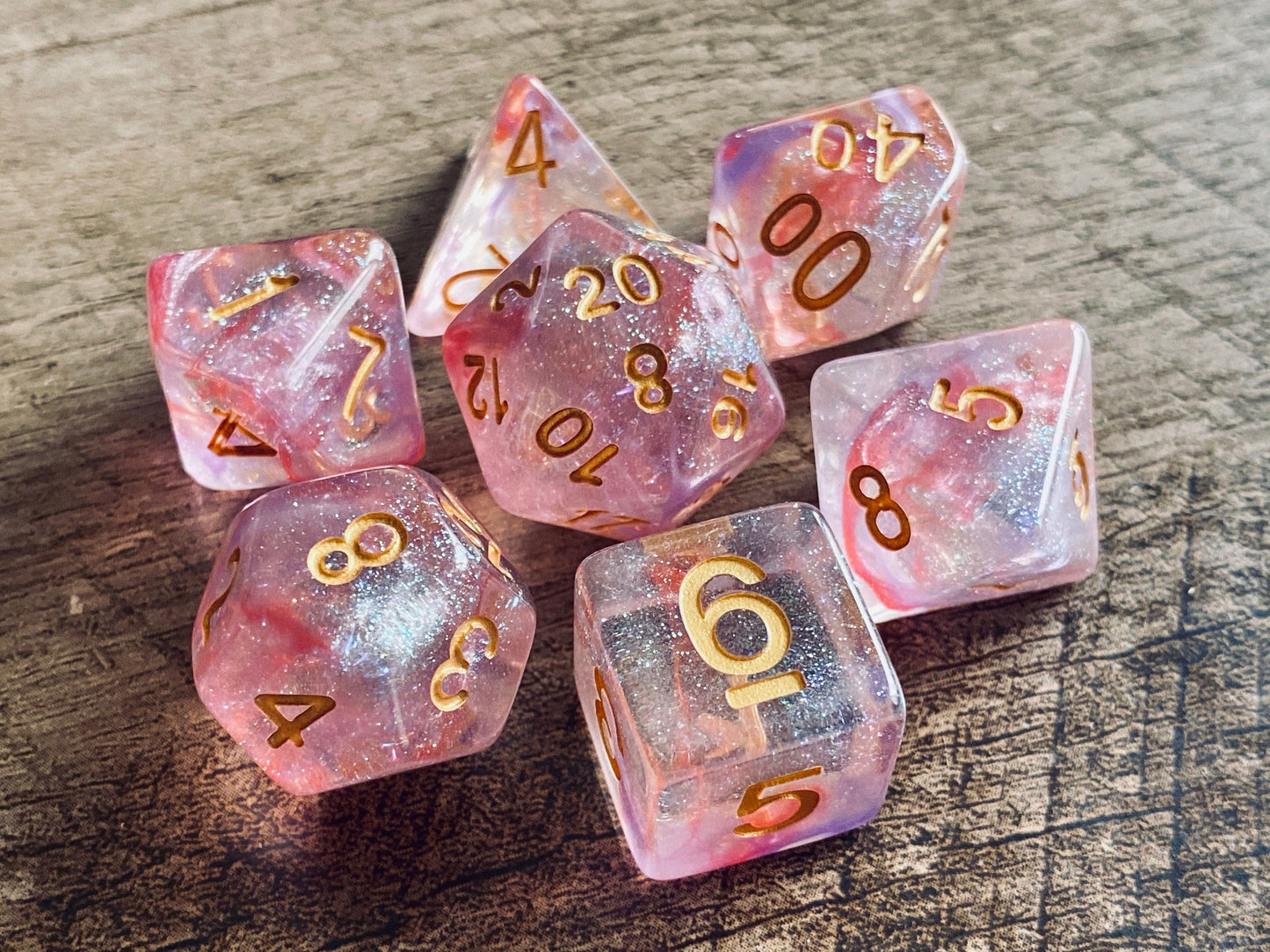 The Crooked Tavern Dice Sets Peach Dreams RPG Dice Set | Sparkle Resin with Pink and Purple Swirls