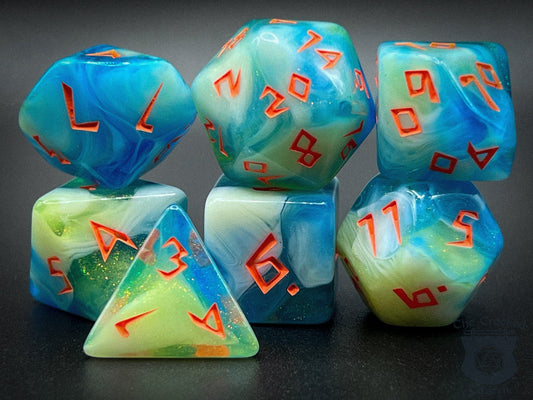 The Crooked Tavern Dice Sets Tide Runes RPG Dice Set | Blue, Green, Orange with Runic Font