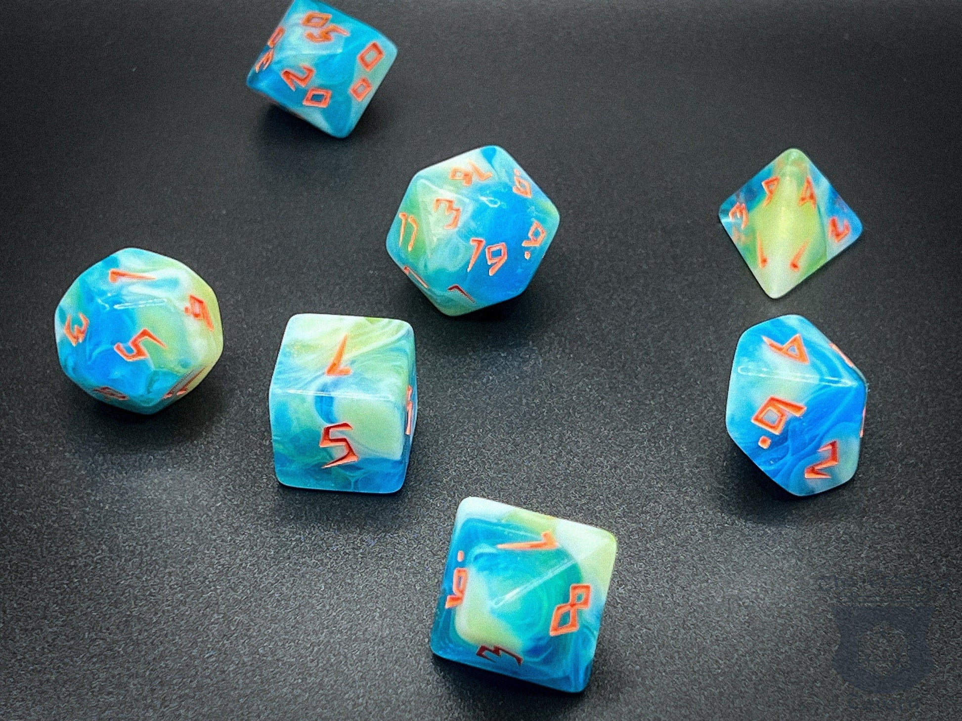 The Crooked Tavern Dice Sets Tide Runes RPG Dice Set | Blue, Green, Orange with Runic Font