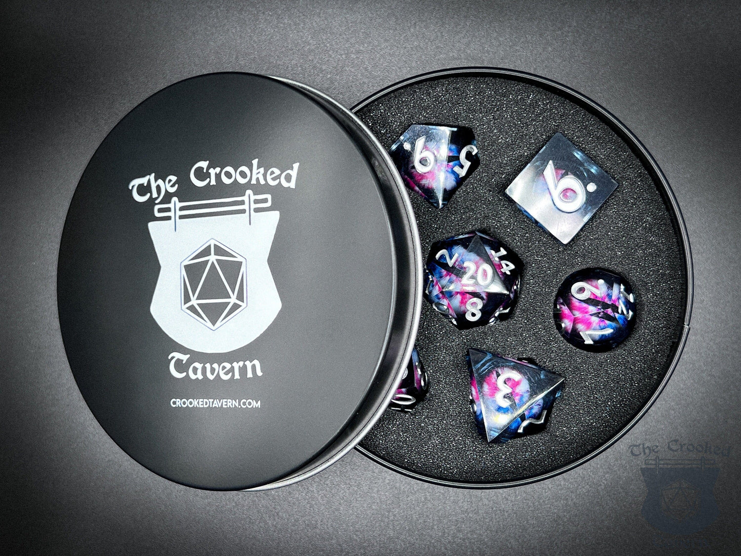 The Crooked Tavern Floating Eye Liquid Core Dnd Dice Set | Dungeons and Dragons | Dark/White/Blue/Pink