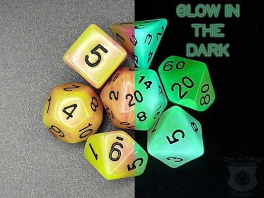 The Crooked Tavern Glow in the Dark RPG Dice Set | Pink/Yellow Polyhedral RPG Dice