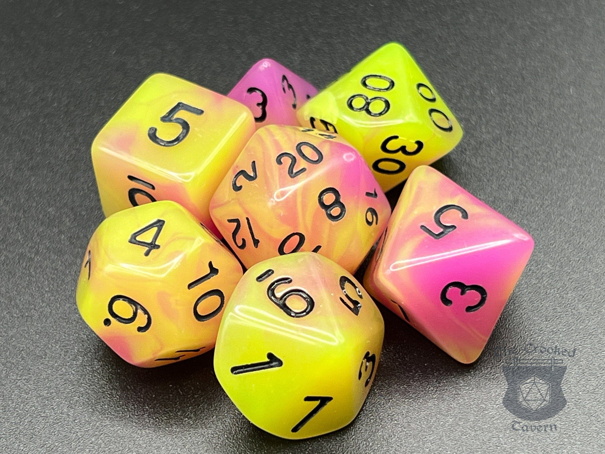The Crooked Tavern Glow in the Dark RPG Dice Set | Pink/Yellow Polyhedral RPG Dice