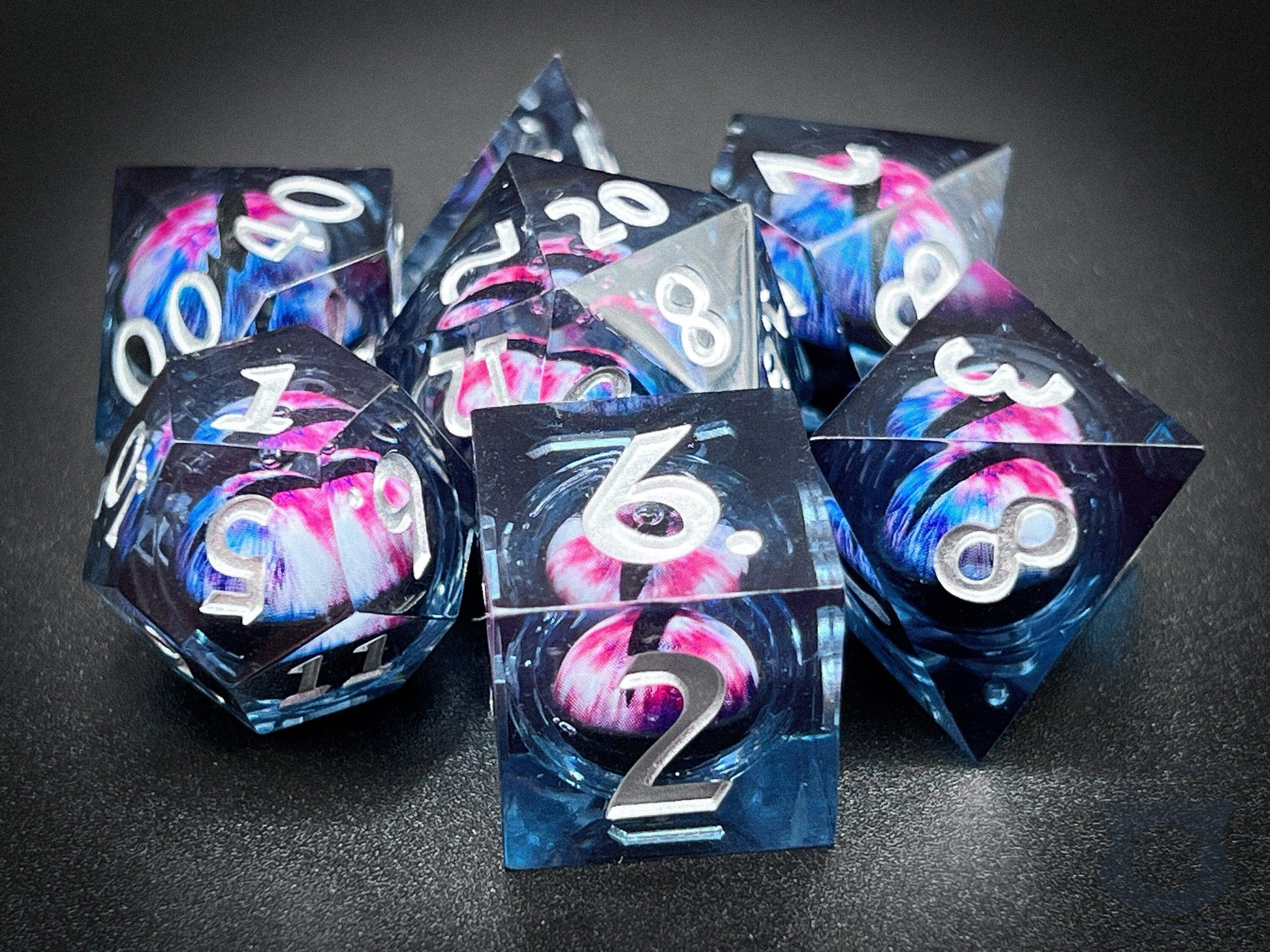 The Crooked Tavern Handmade Dice Sets Floating Eye Liquid Core Dnd Dice Set | Dungeons and Dragons | Dark/White/Blue/Pink