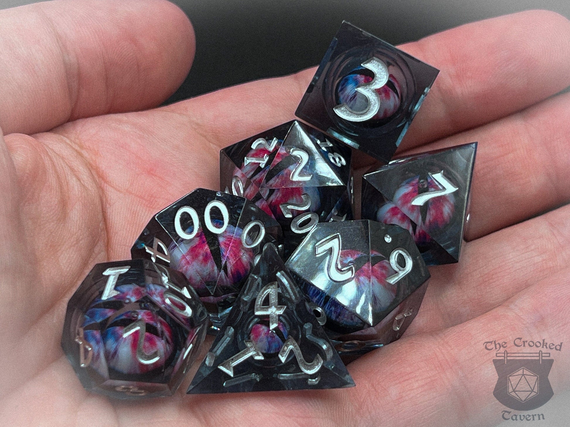 The Crooked Tavern Handmade Dice Sets Floating Eye Liquid Core Dnd Dice Set | Dungeons and Dragons | Dark/White/Blue/Pink