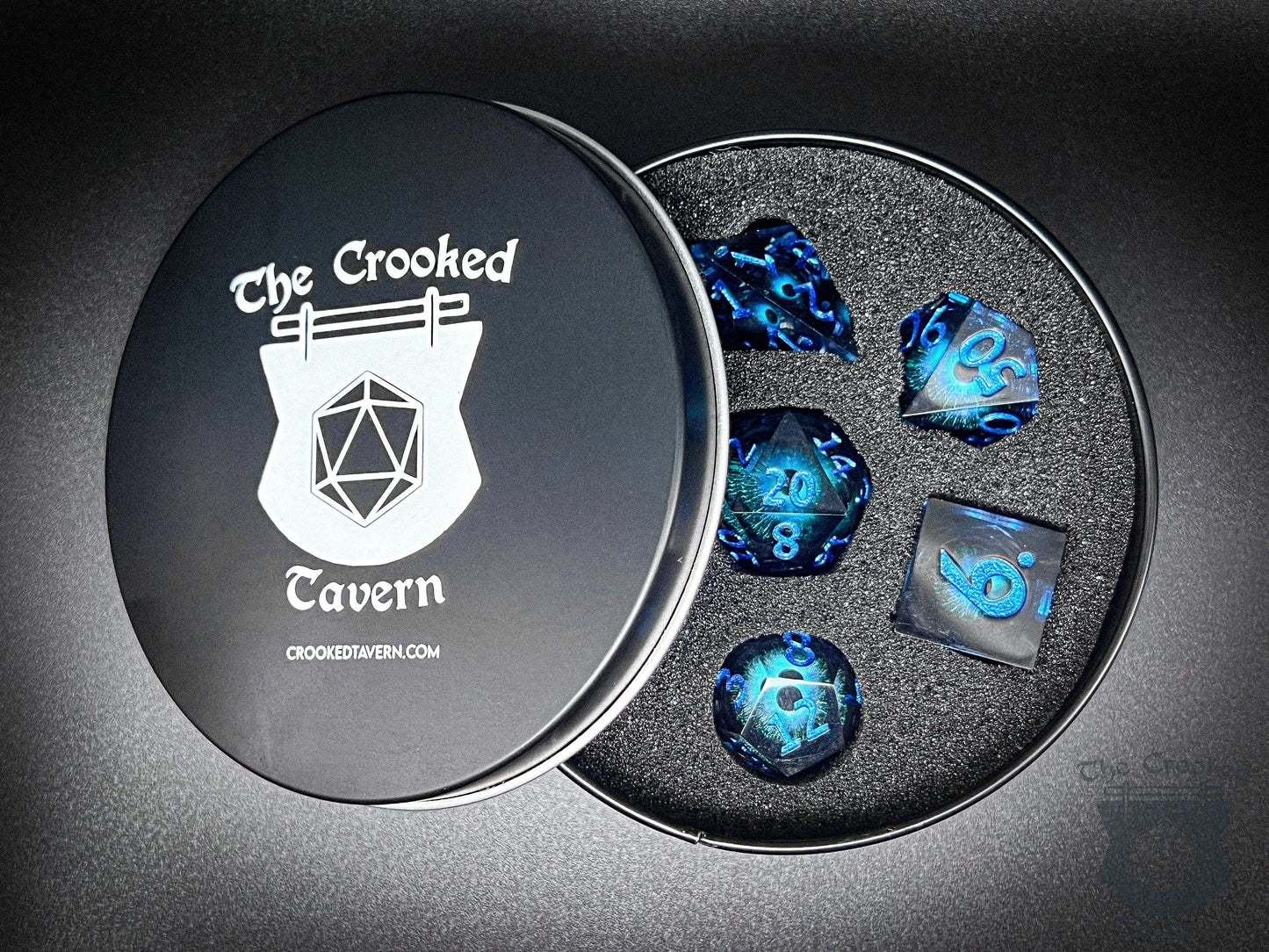 The Crooked Tavern Handmade Dice Sets Floating Eye Liquid Core RPG Dice Set | Blue/Blue