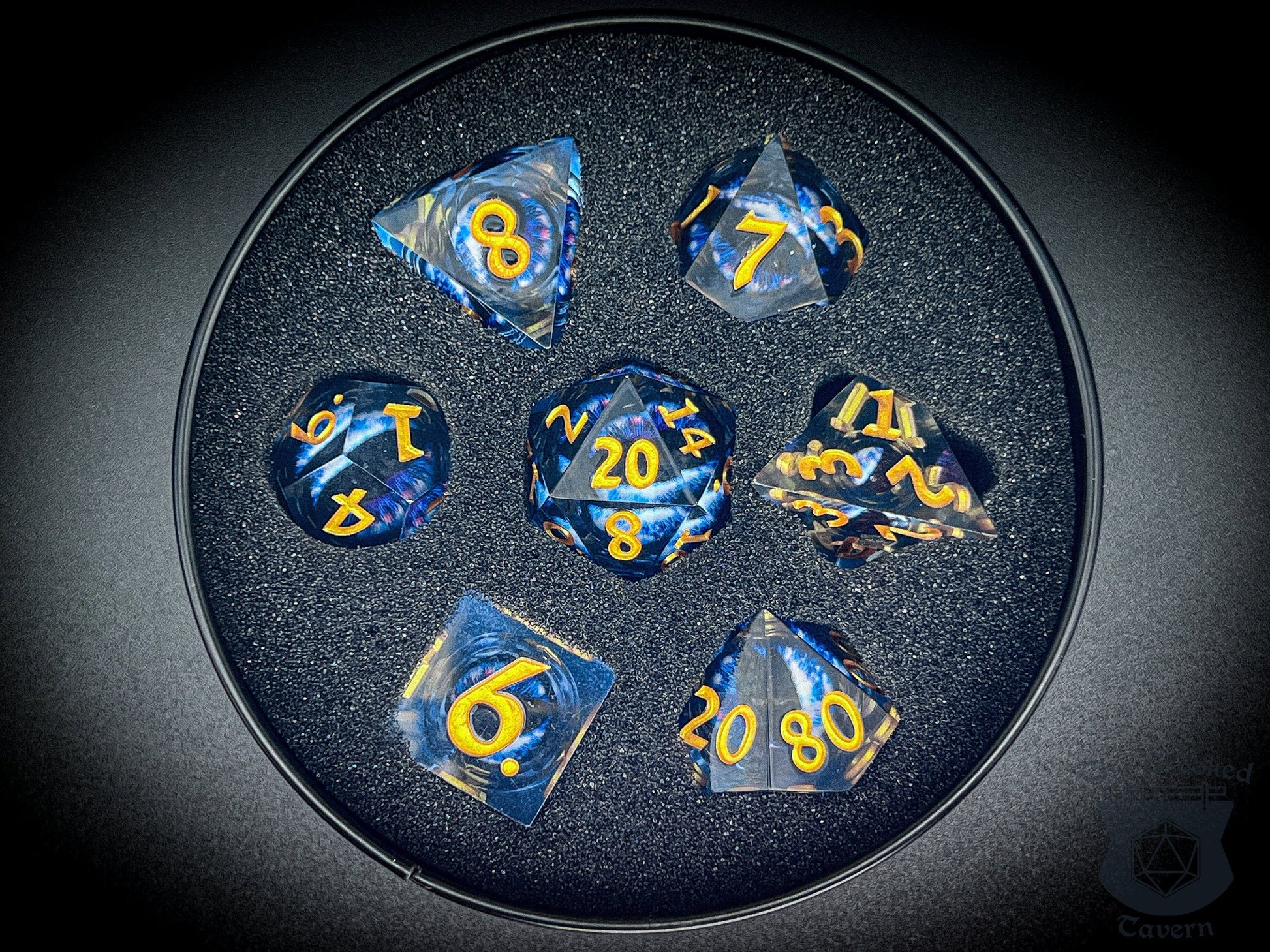 The Crooked Tavern Handmade Dice Sets Floating Eye Liquid Core RPG Dice Set | Blue/Gold