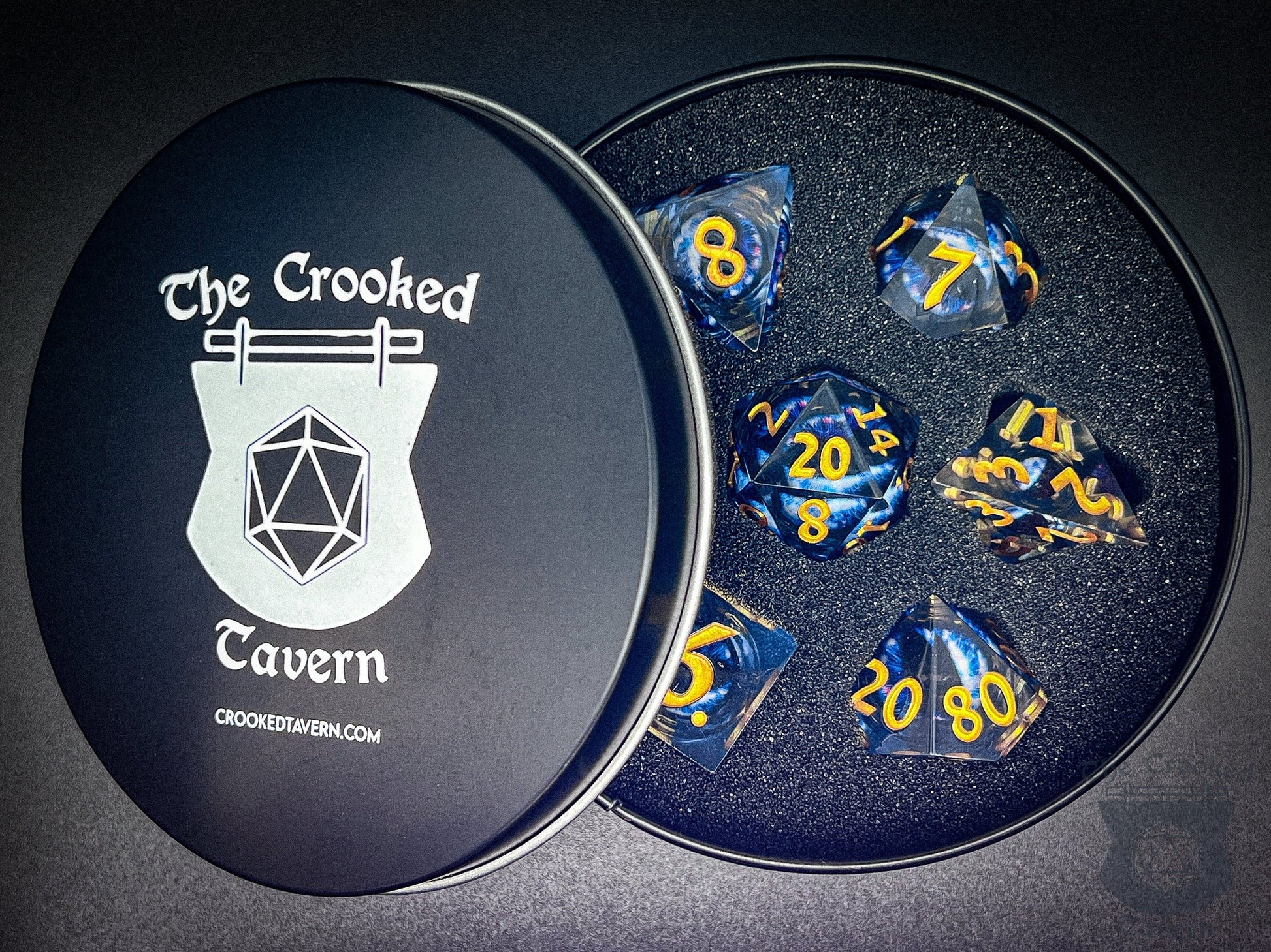 The Crooked Tavern Handmade Dice Sets Floating Eye Liquid Core RPG Dice Set | Blue/Gold