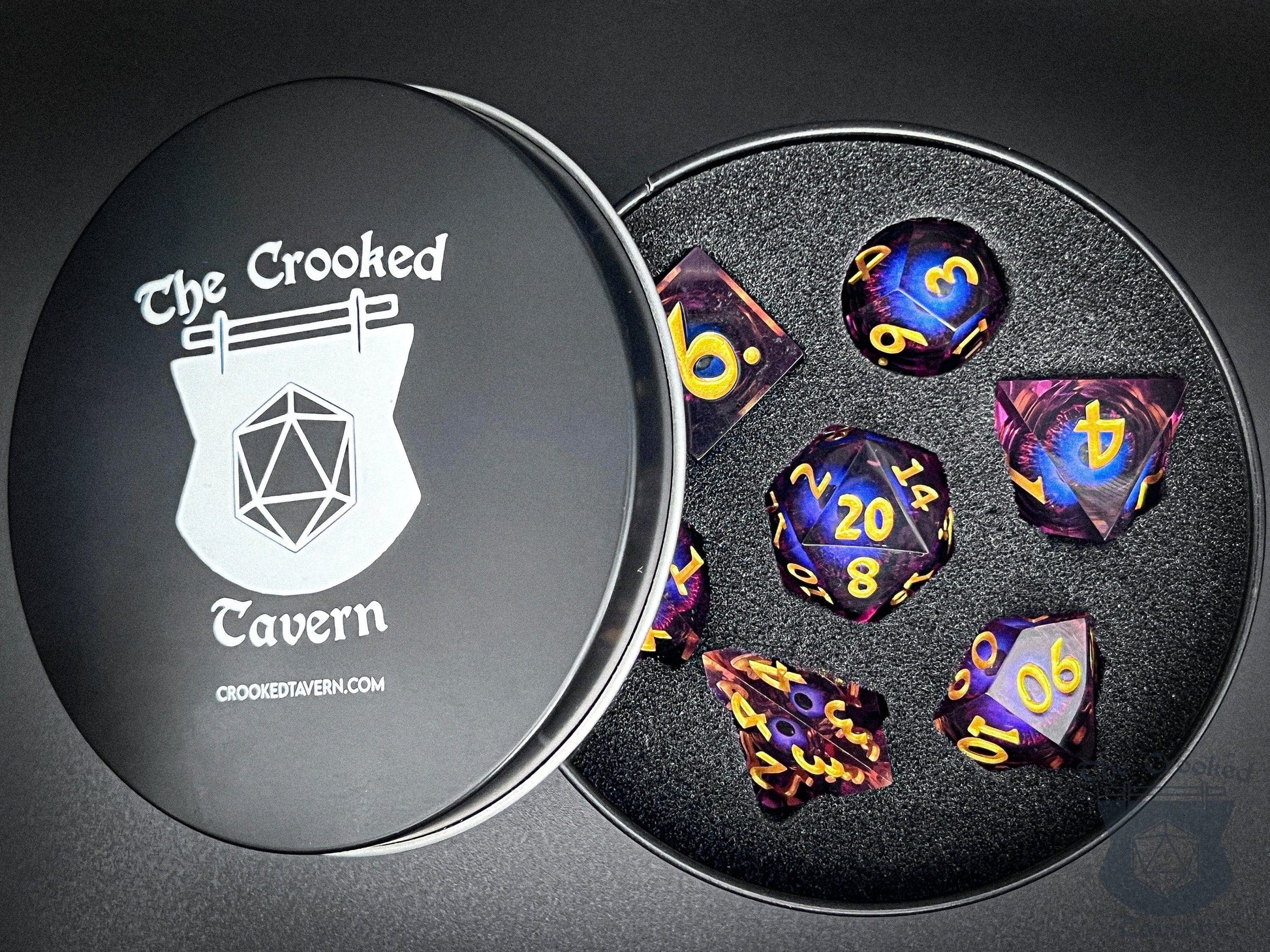 The Crooked Tavern Handmade Dice Sets Floating Eye Liquid Core RPG Dice Set | Purple/Gold