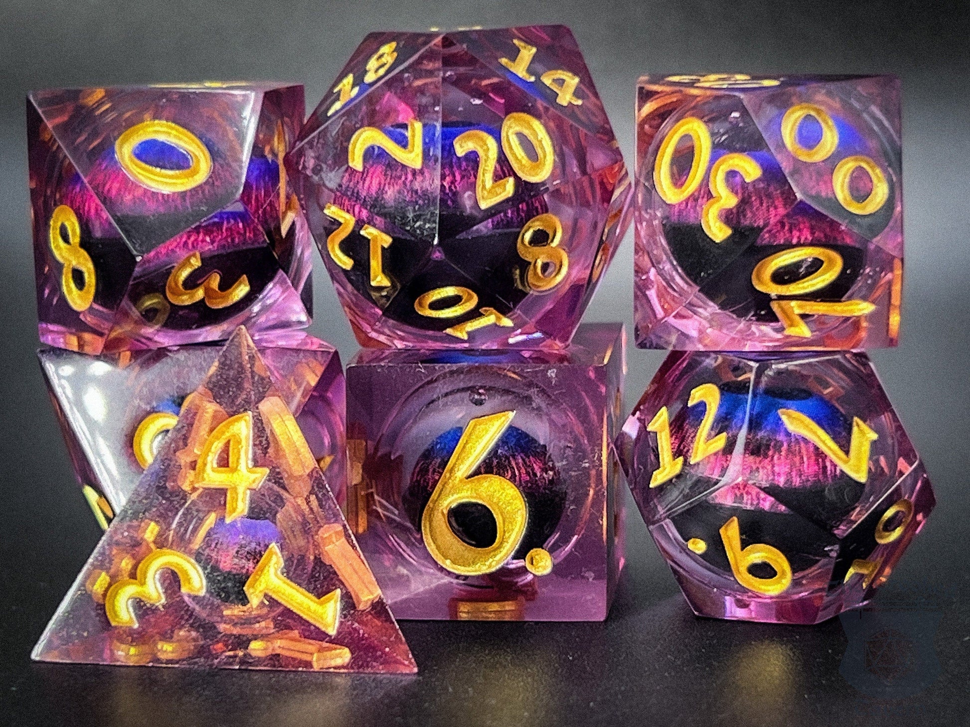 The Crooked Tavern Handmade Dice Sets Floating Eye Liquid Core RPG Dice Set | Purple/Gold