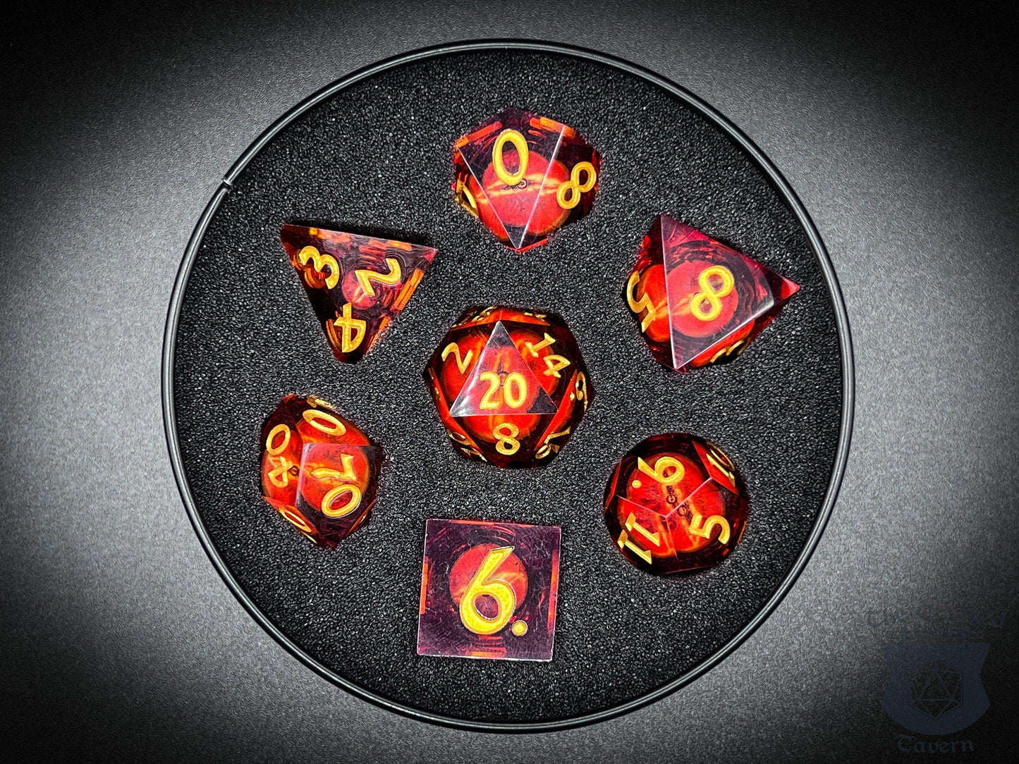 The Crooked Tavern Handmade Dice Sets Floating Eye Liquid Core RPG Dice Set | Red/Gold