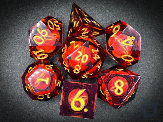 The Crooked Tavern Handmade Dice Sets Floating Eye Liquid Core RPG Dice Set | Red/Gold