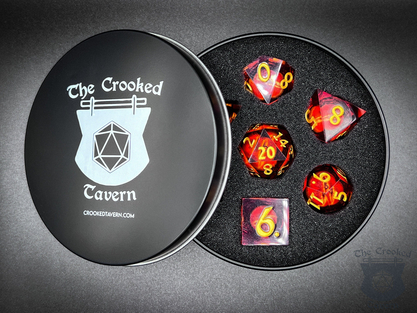 The Crooked Tavern Handmade Dice Sets Floating Eye Liquid Core RPG Dice Set | Red/Gold