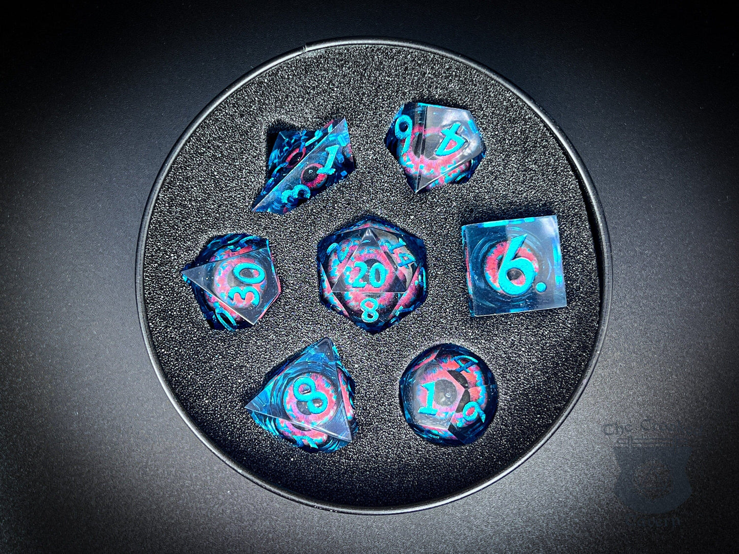 The Crooked Tavern Handmade Dice Sets Floating Eyeball Liquid Core RPG Dice Set | Blue/Pink Eye