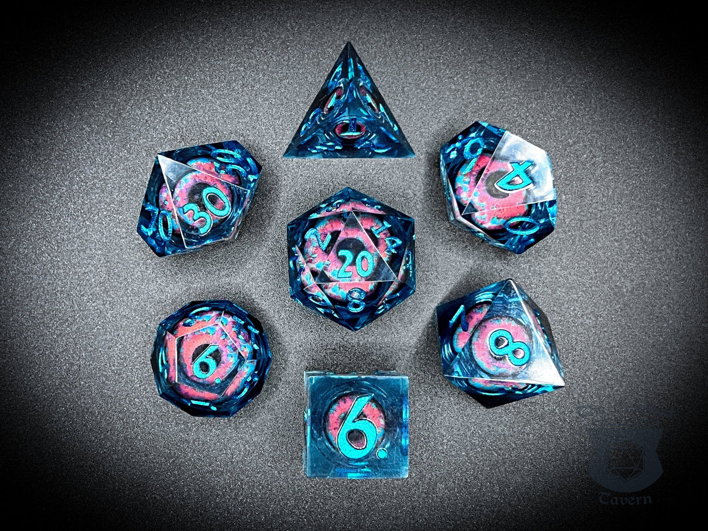 The Crooked Tavern Handmade Dice Sets Floating Eyeball Liquid Core RPG Dice Set | Blue/Pink Eye