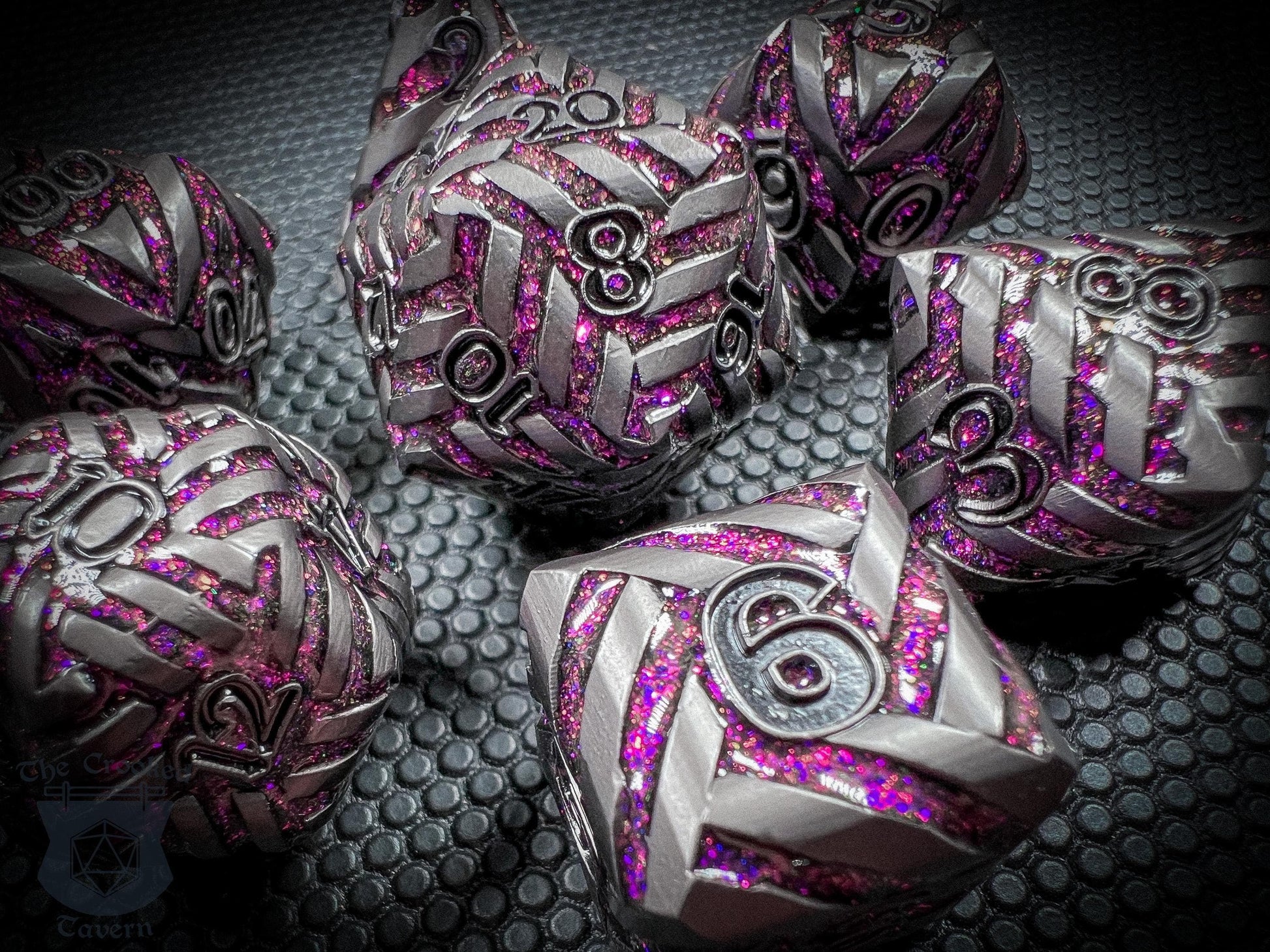 The Crooked Tavern Metal Dice Sets Arcane Knot Metal DnD Dice Set | Crackling Purple