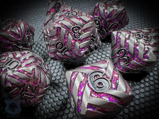 The Crooked Tavern Metal Dice Sets Arcane Knot Metal DnD Dice Set | Crackling Purple