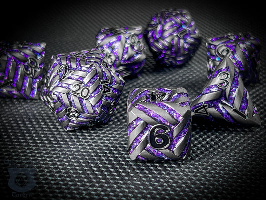 The Crooked Tavern Metal Dice Sets Arcane Knot Metal DnD Dice Set | Deep Purple