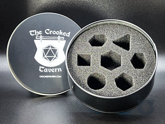 The Crooked Tavern Metal Dice Tin | Protective Dnd Dice Set Storage | Fits Resin, Acrylic, Handmade, and Metal Sets | For 7-Piece Sets