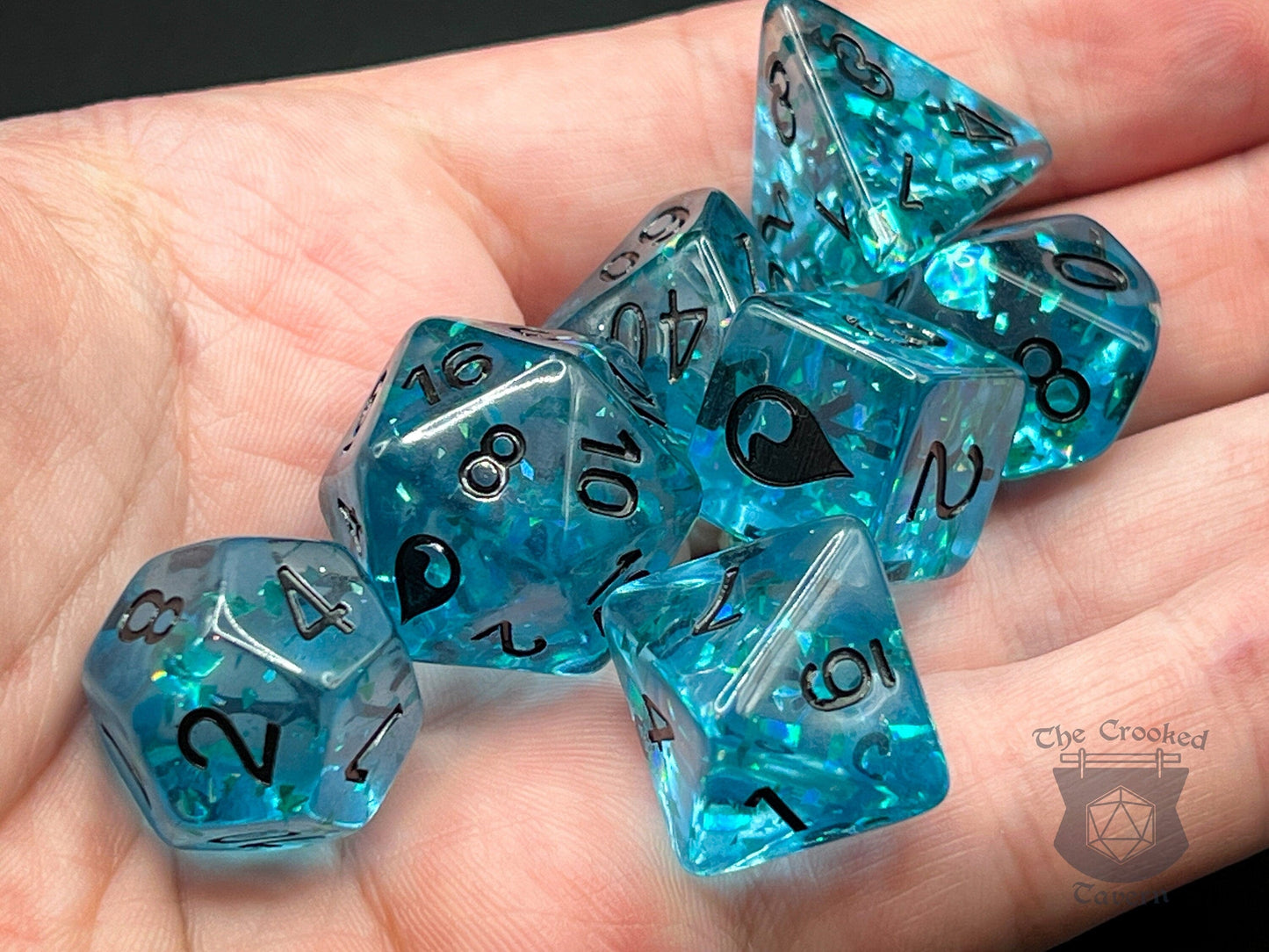 The Crooked Tavern Tidebreaker DnD Dice Set | Colorful Glitter, Water Engraving | Exclusive Water-Themed Dungeons & Dragons TTRPG Dice Set