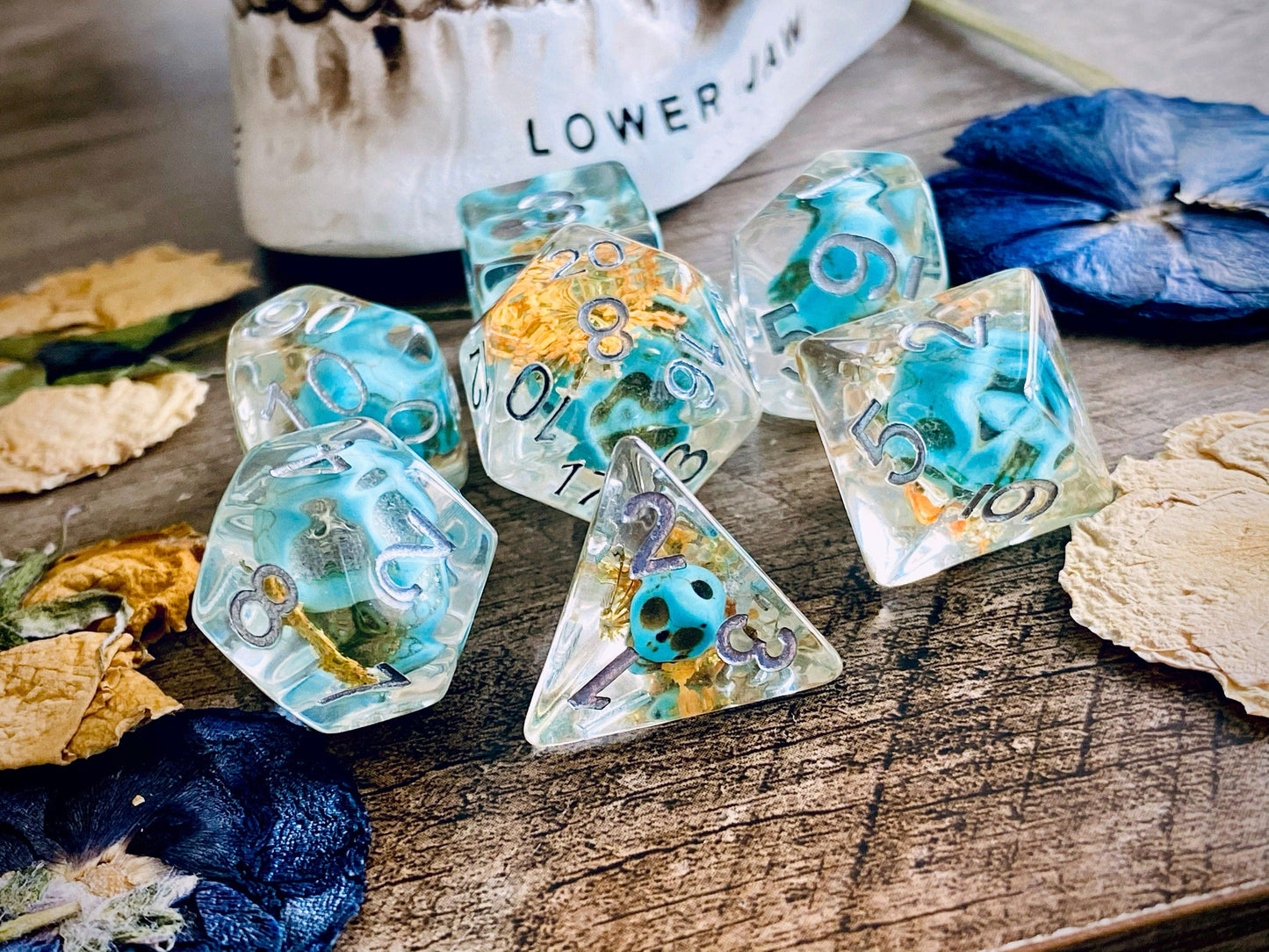 The Crooked Tavern Dice Sets Aztec Skull RPG Dice Set | Skulls and Real Flowers inside!