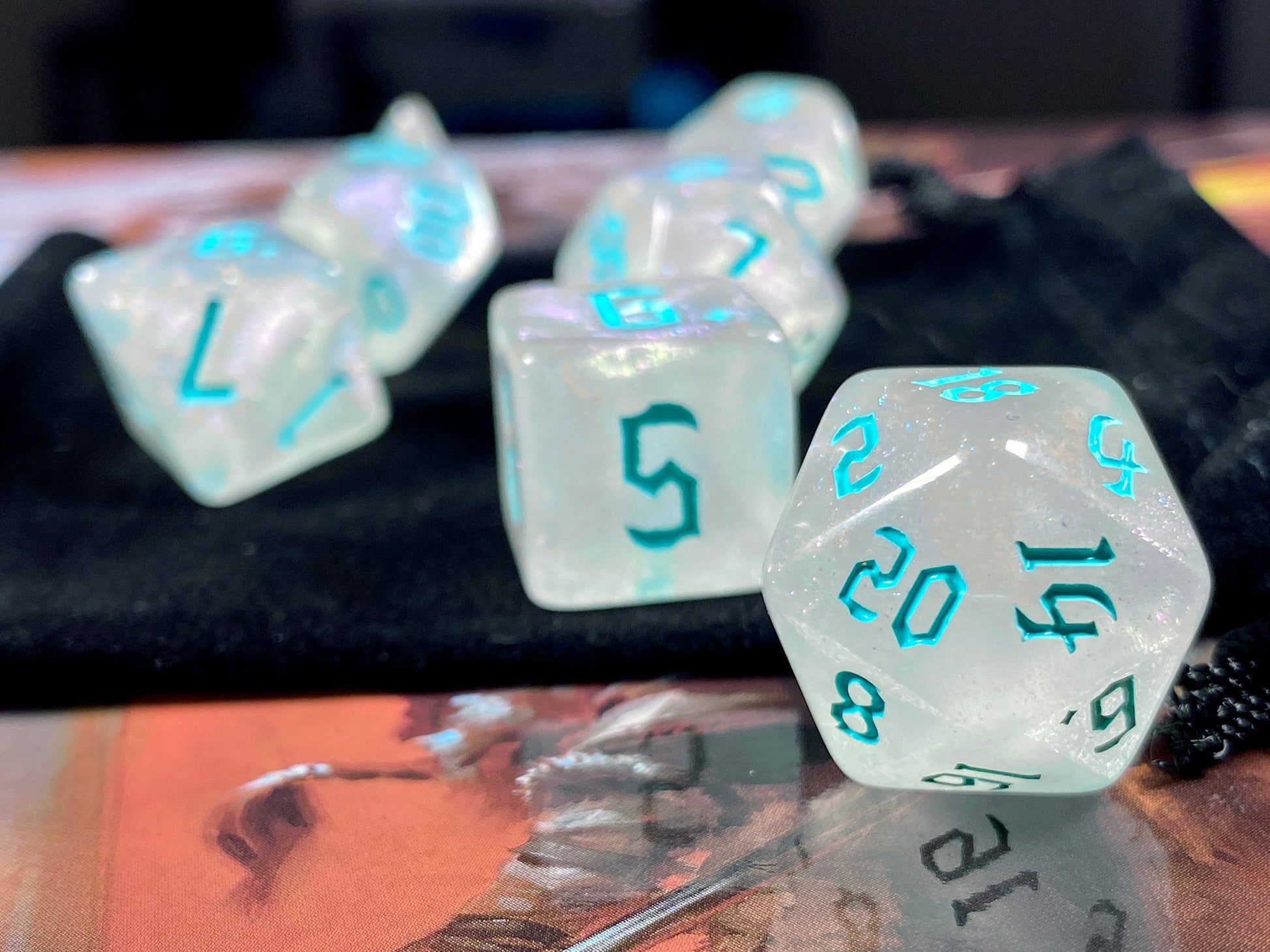 The Crooked Tavern Dice Sets Banshee RPG Dice Set | Blue Clear iridescent sparkle dice!