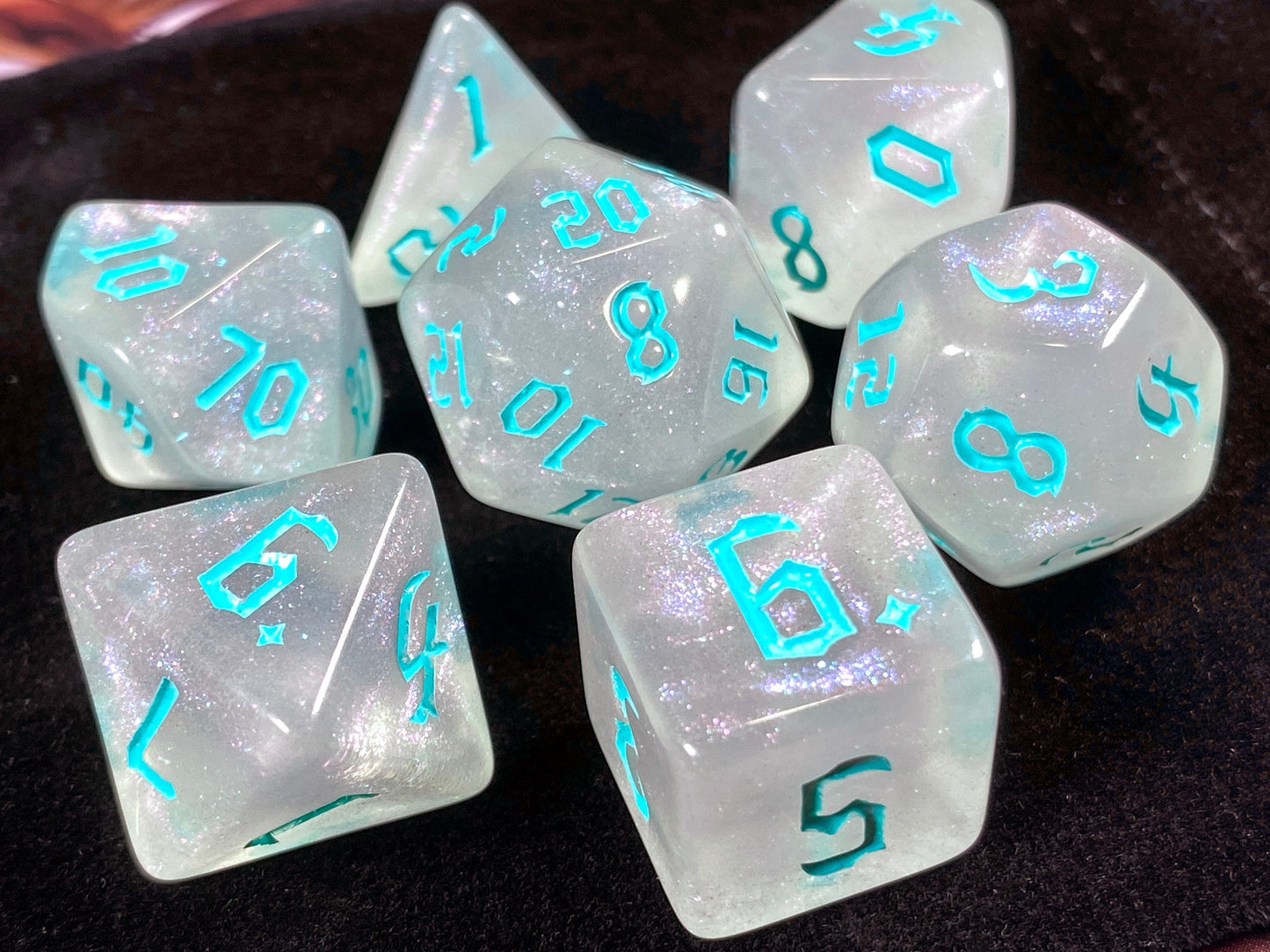The Crooked Tavern Dice Sets Banshee RPG Dice Set | Blue Clear iridescent sparkle dice!