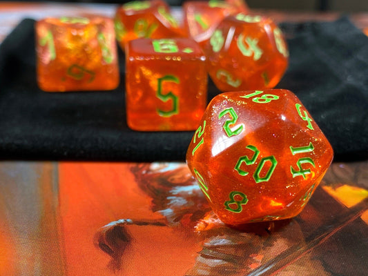 The Crooked Tavern Dice Sets Blood Moon RPG Polyhedral Dice Set | Orange and Green iridescent sparkle dice!