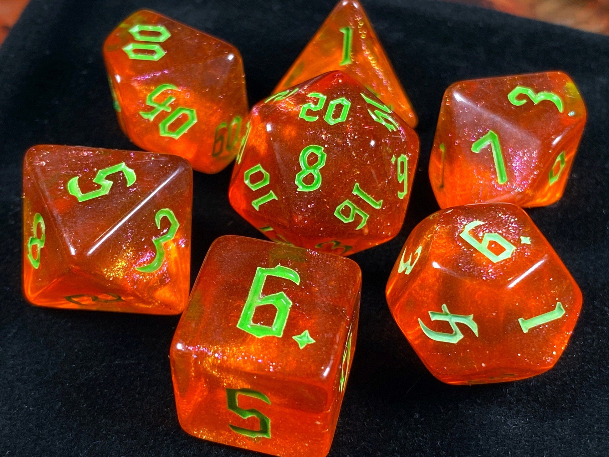 The Crooked Tavern Dice Sets Blood Moon RPG Polyhedral Dice Set | Orange and Green iridescent sparkle dice!