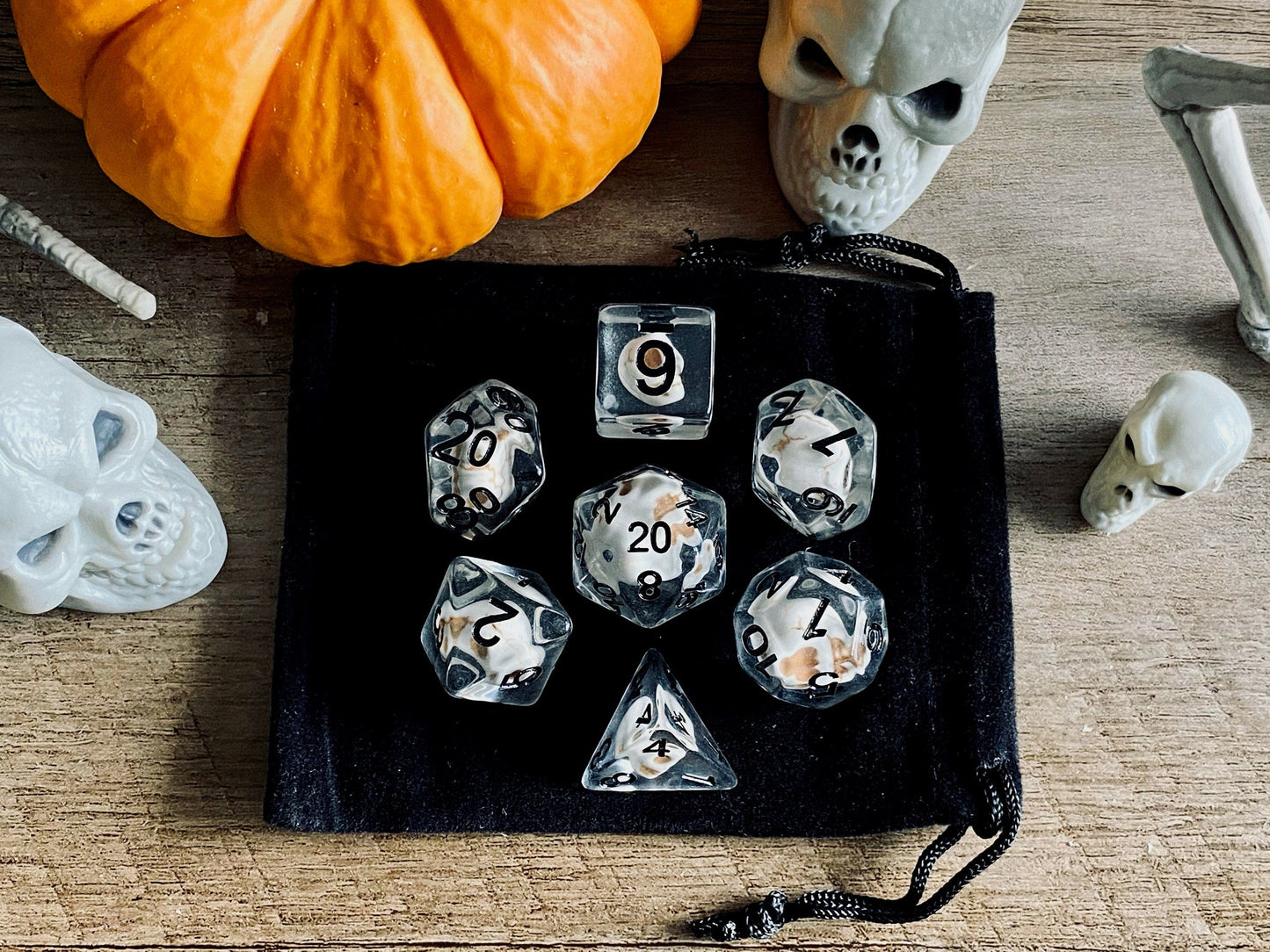 The Crooked Tavern Dice Sets Bone Skull RPG Polyhedral Dice Set | White Skulls inside!