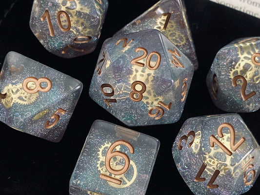 The Crooked Tavern Dice Sets Clockwork RPG Polyhedral Dice Set | Tiny Steampunk Gears and Glitter Inside!
