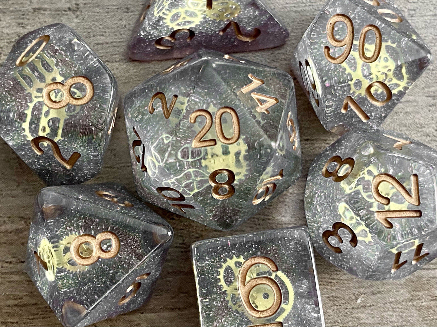 The Crooked Tavern Dice Sets Clockwork RPG Polyhedral Dice Set | Tiny Steampunk Gears and Glitter Inside!