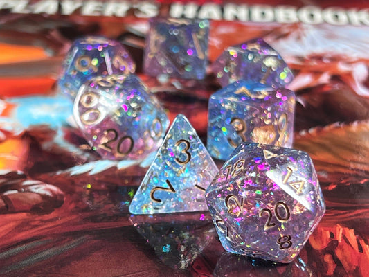 The Crooked Tavern Dice Sets Cosmic Storm RPG Dice Set | Blue and Purple Shimmering with Gold Flakes!