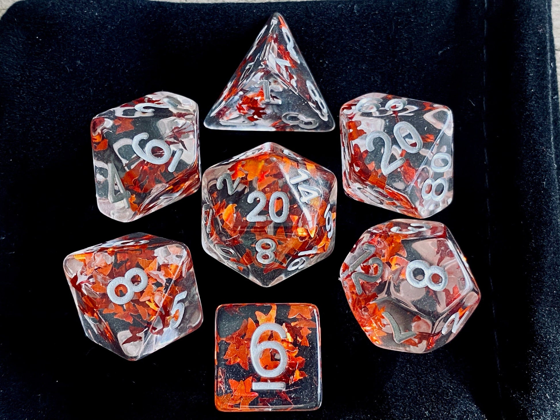 The Crooked Tavern Dice Sets Fall Butterfly RPG Dice Set | Orange Butterfly Confetti looks like Falling Leaves!