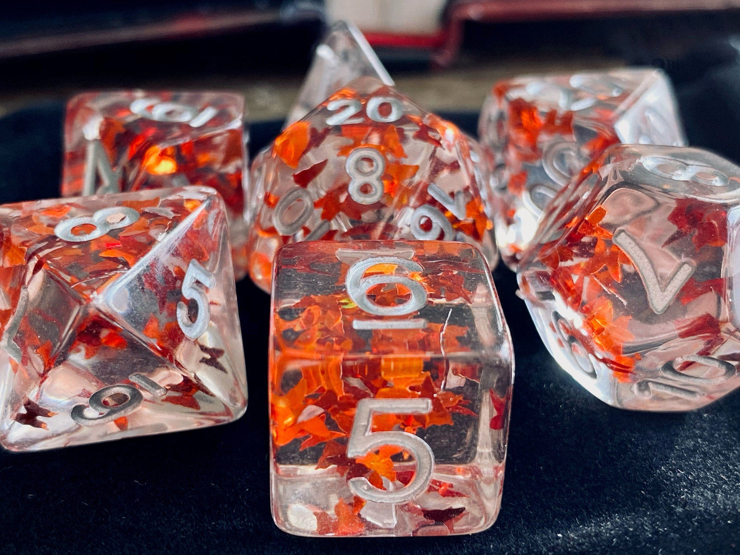 The Crooked Tavern Dice Sets Fall Butterfly RPG Dice Set | Orange Butterfly Confetti looks like Falling Leaves!