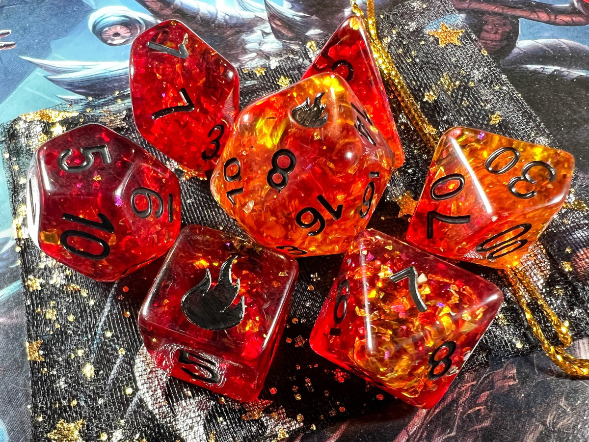 Fire Light Glitter DnD Dice Set with Flame Engraving - The Crooked Tavern