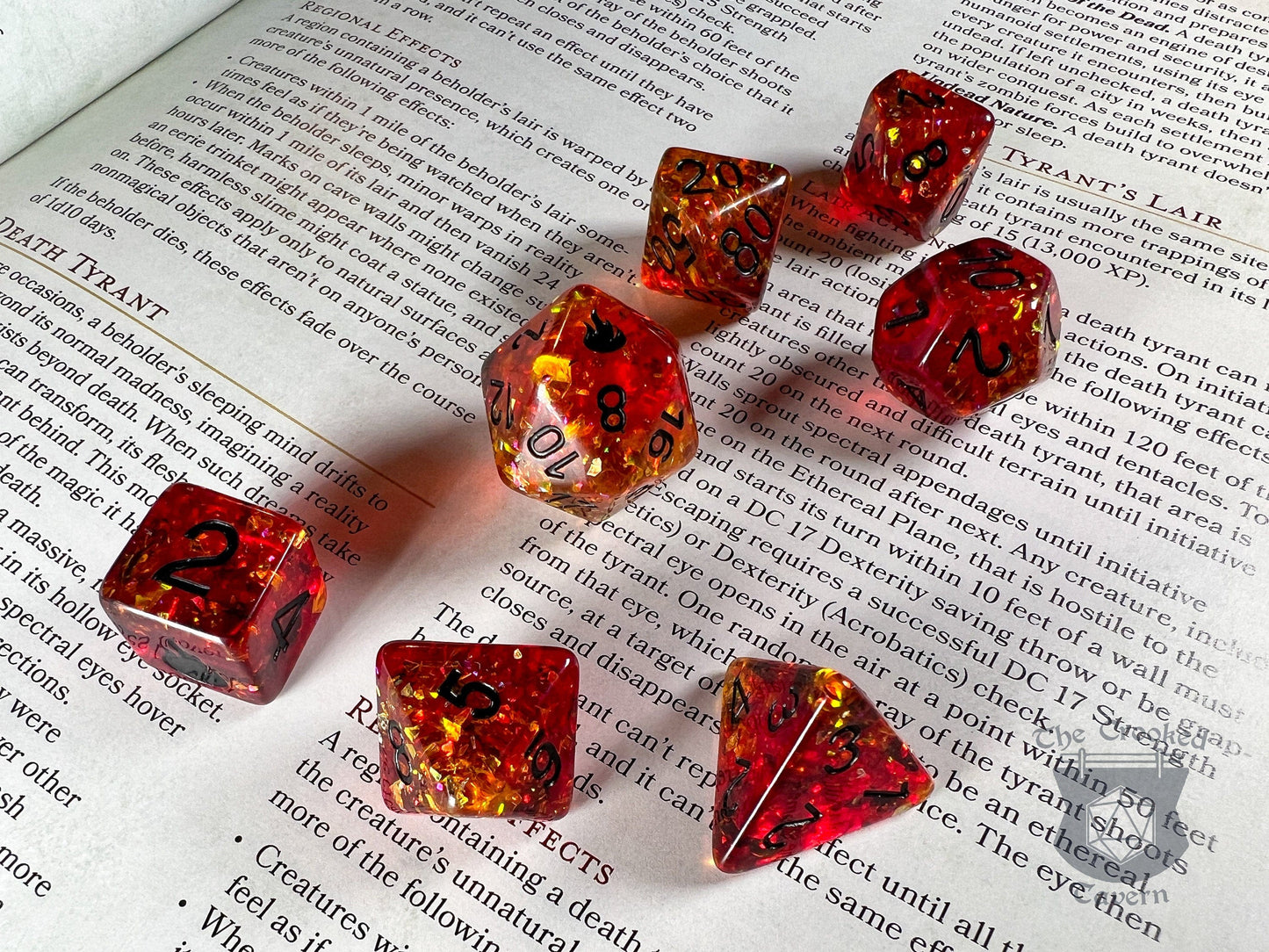 The Crooked Tavern Dice Sets Fire Light RPG Dice Set | Colorful Glitter and a Flame Engraving!