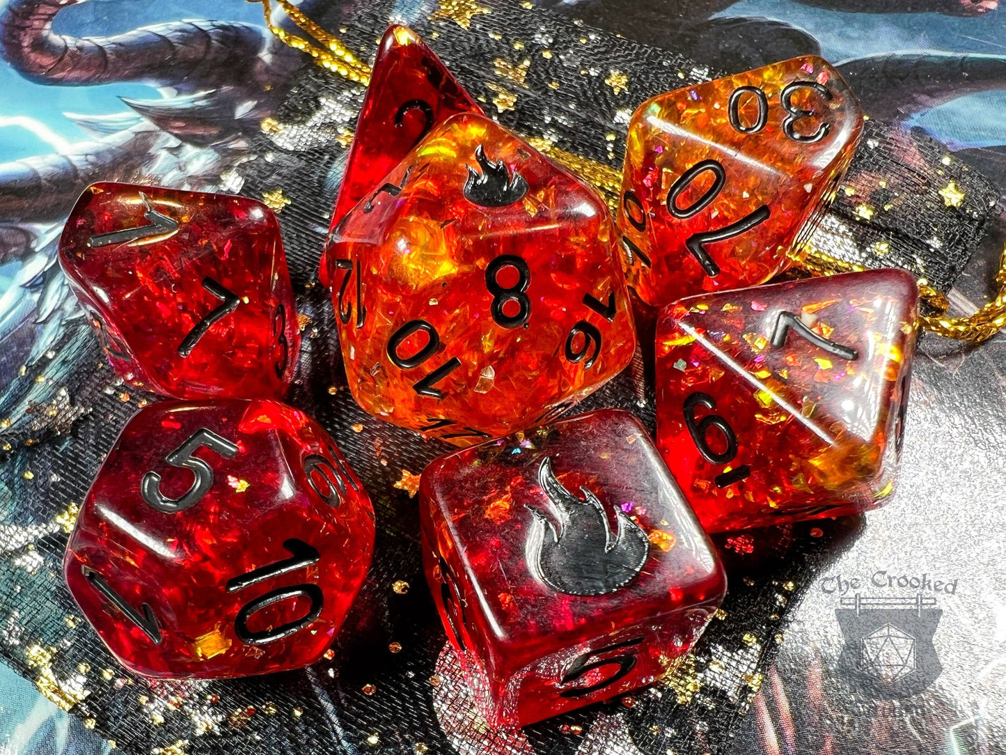 The Crooked Tavern Dice Sets Fire Light RPG Dice Set | Colorful Glitter and a Flame Engraving!