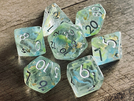 The Crooked Tavern Dice Sets Flotsam RPG Dice Set | Swirling Aqua Colors with Gold Flakes Inside!