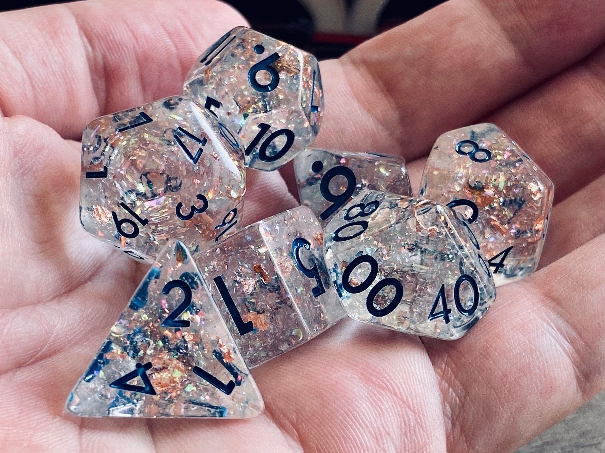 The Crooked Tavern Dice Sets Frozen Treasure RPG Dice Set | Clear Resin with Faux Rose Gold Flakes Inside!