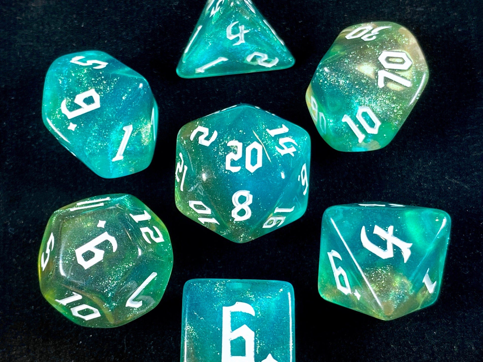 The Crooked Tavern Dice Sets Genesis RPG Dice Set | Blue Orange iridescent sparkle dice!