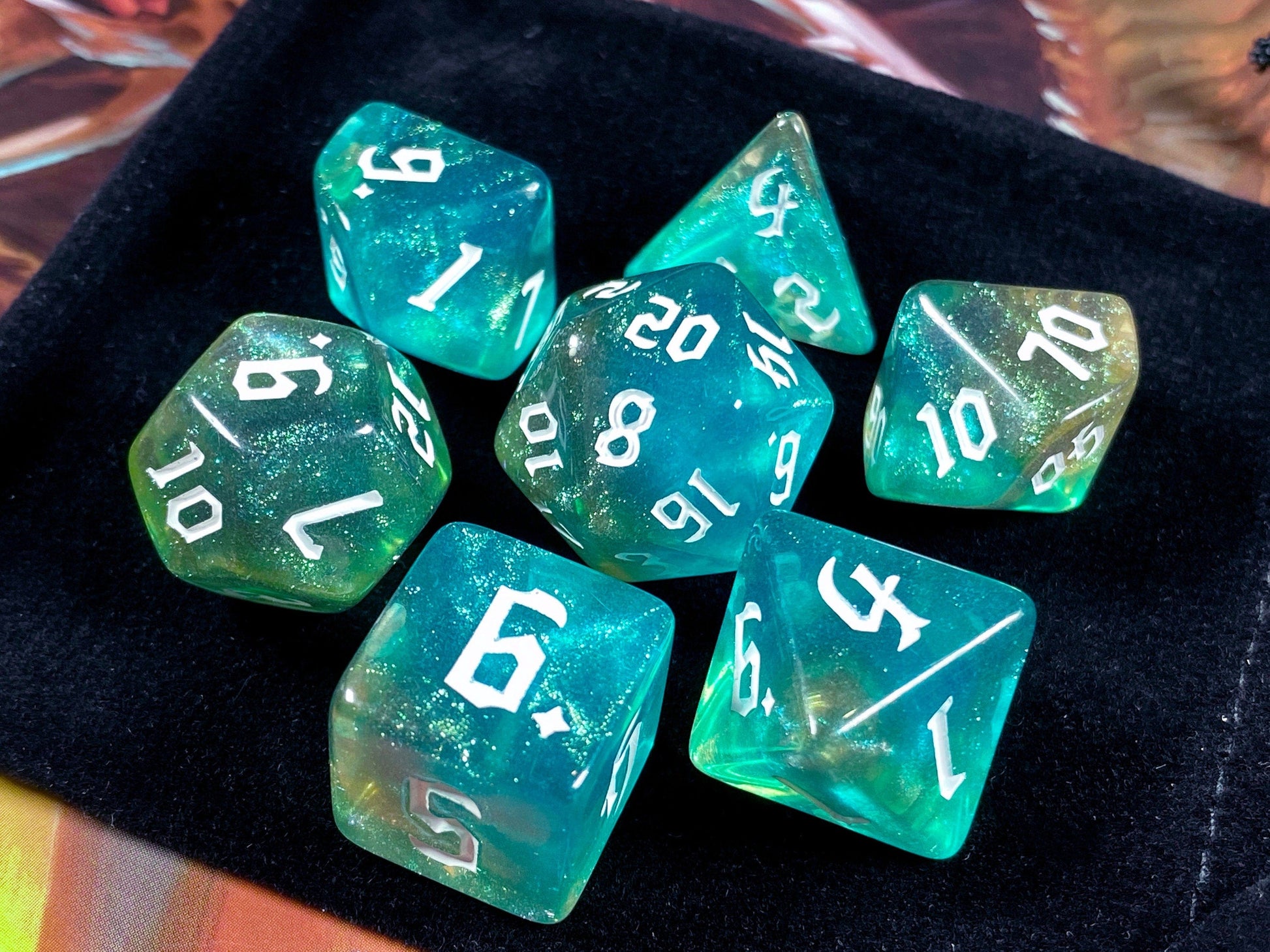 The Crooked Tavern Dice Sets Genesis RPG Dice Set | Blue Orange iridescent sparkle dice!