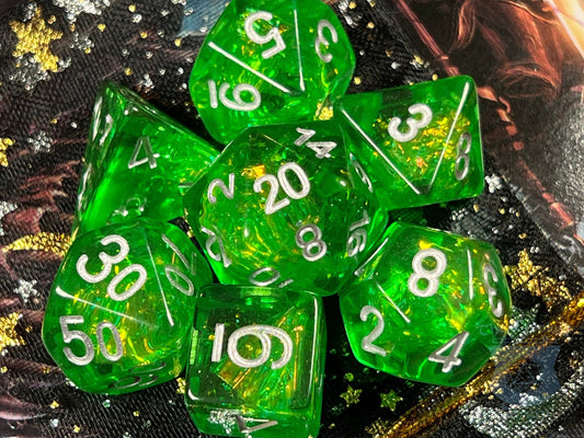 The Crooked Tavern Dice Sets Green Foil RPG Dice Set | Green Resin Swimming with Sparkling Foil!