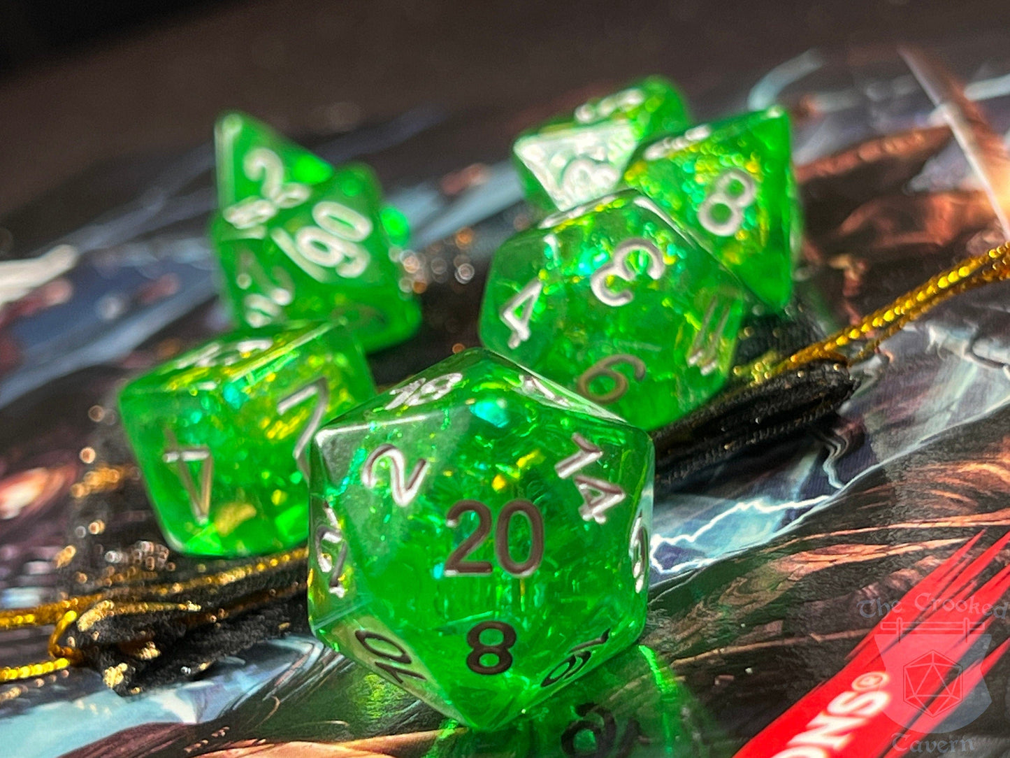 The Crooked Tavern Dice Sets Green Foil RPG Dice Set | Green Resin Swimming with Sparkling Foil!