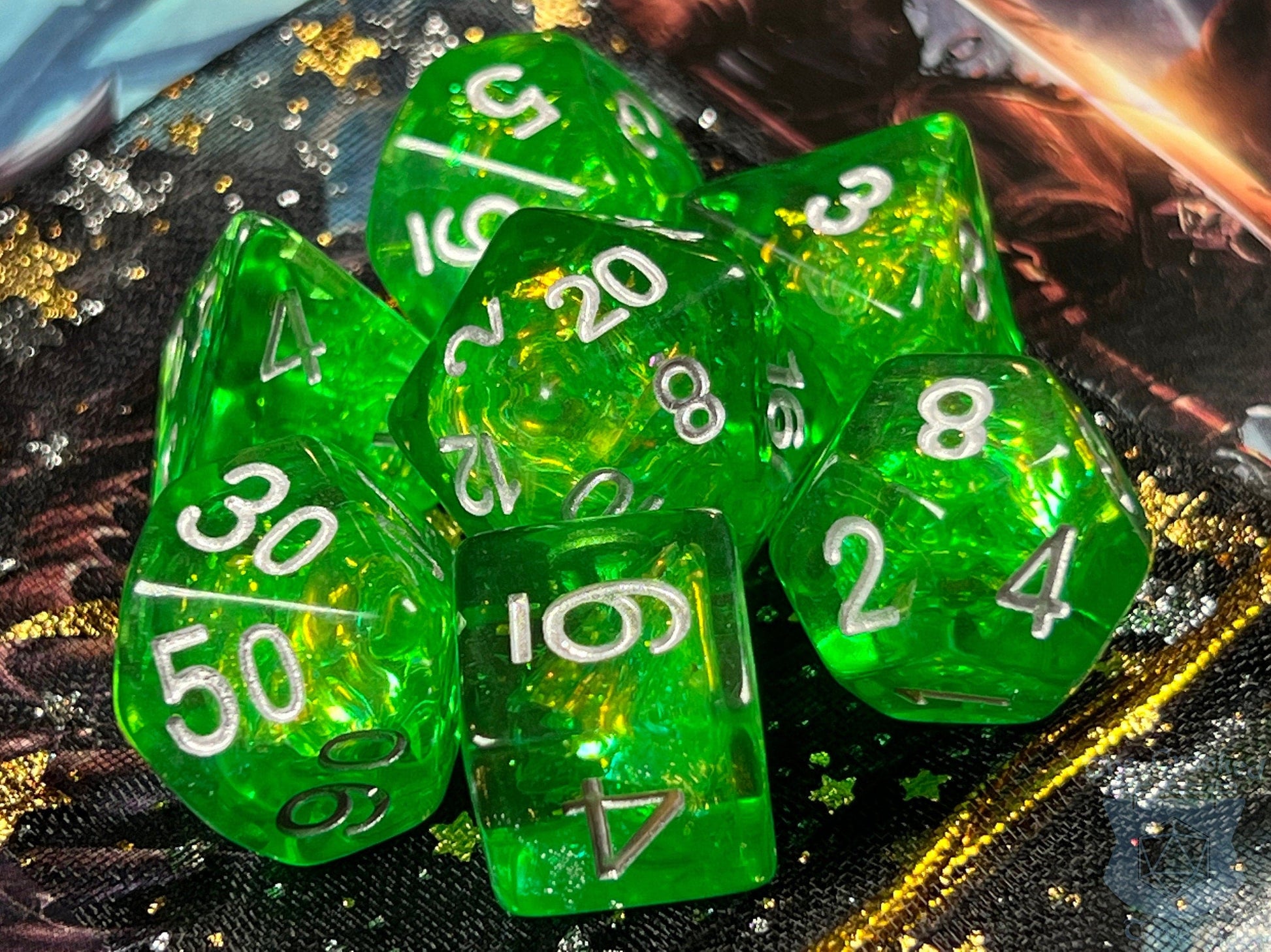 The Crooked Tavern Dice Sets Green Foil RPG Dice Set | Green Resin Swimming with Sparkling Foil!