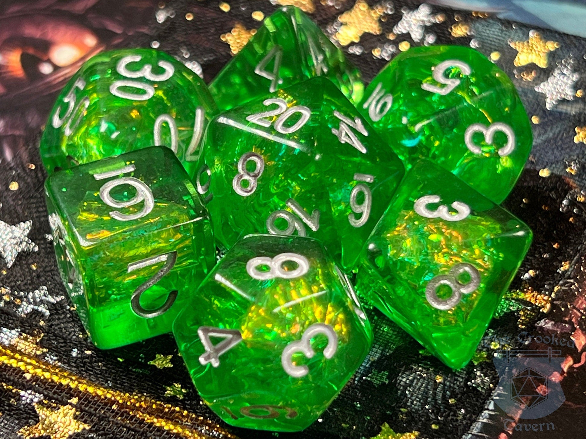 The Crooked Tavern Dice Sets Green Foil RPG Dice Set | Green Resin Swimming with Sparkling Foil!