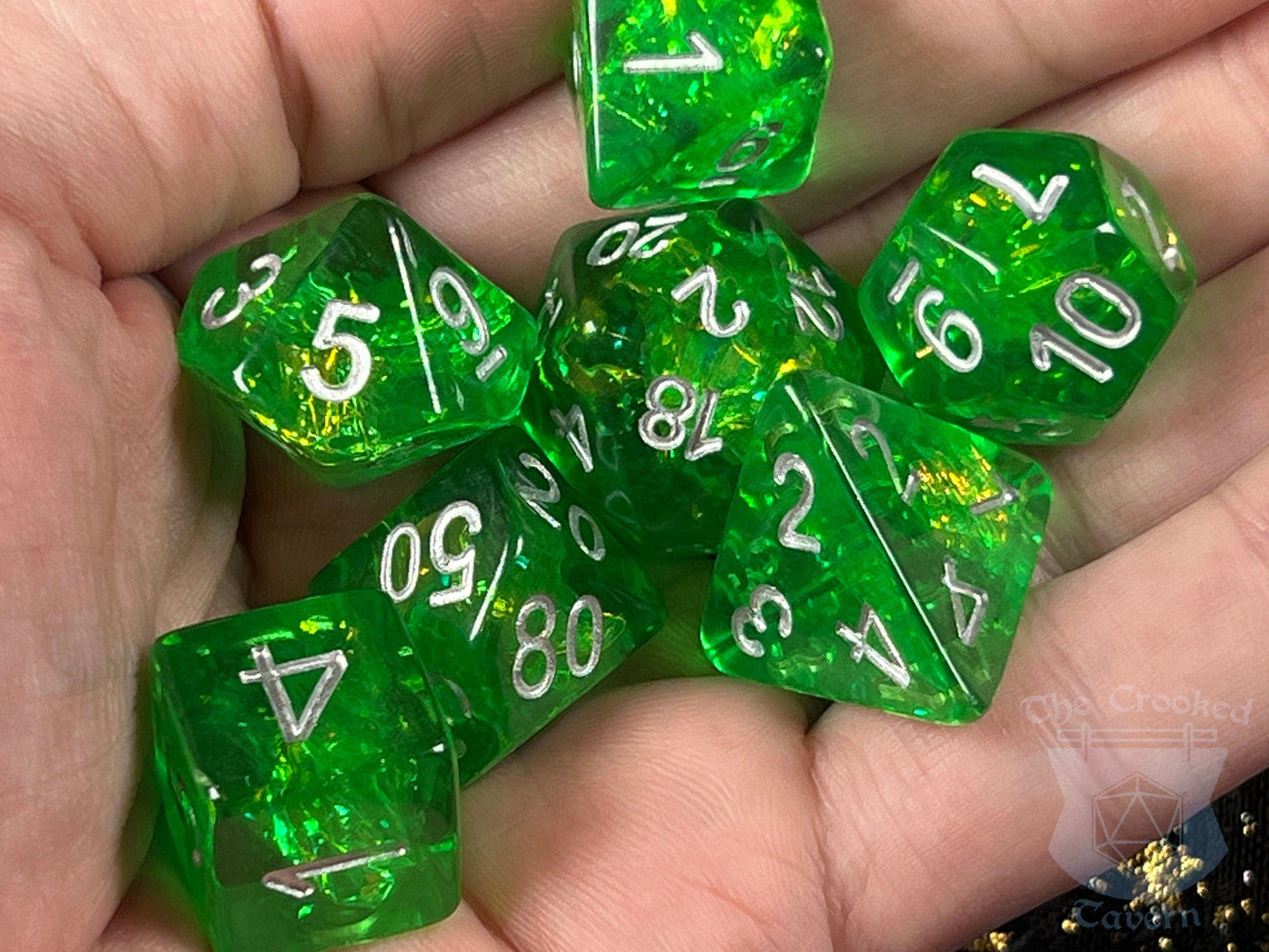 The Crooked Tavern Dice Sets Green Foil RPG Dice Set | Green Resin Swimming with Sparkling Foil!