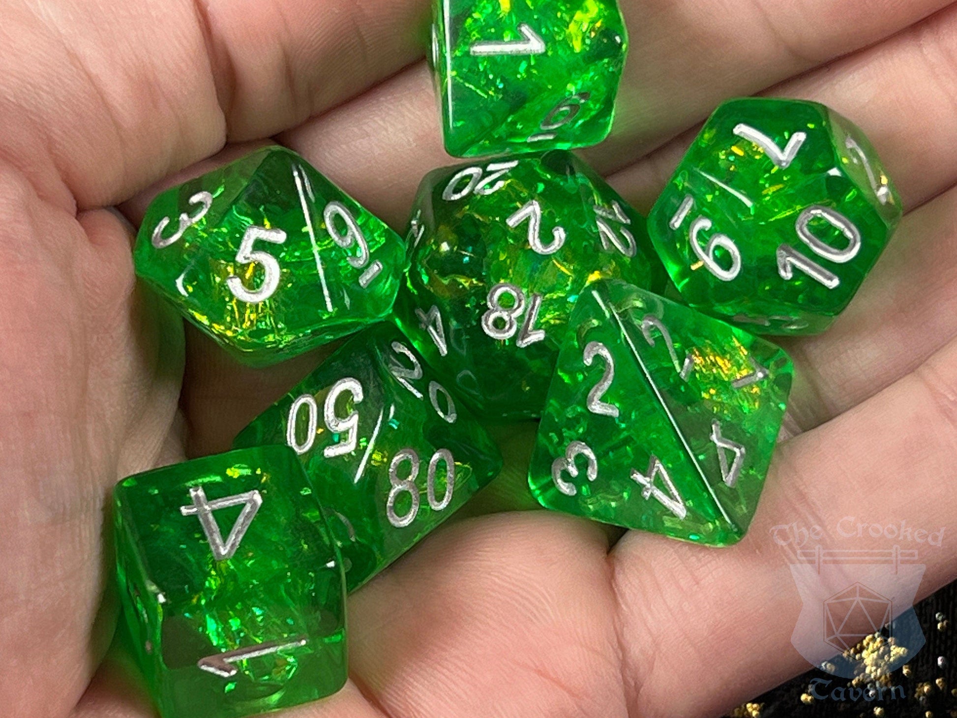 The Crooked Tavern Dice Sets Green Foil RPG Dice Set | Green Resin Swimming with Sparkling Foil!