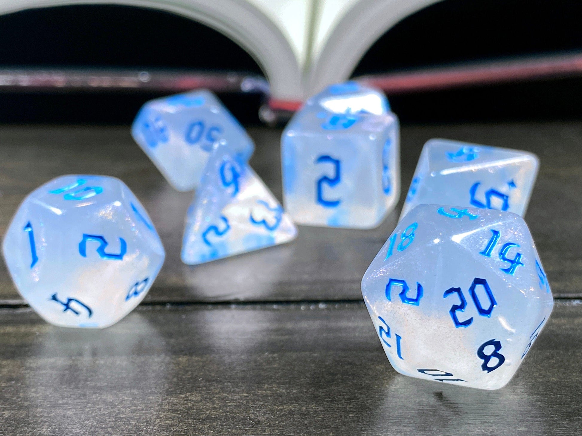 The Crooked Tavern Dice Sets Icewind RPG Dice Set | White Sparkles with Blue Font!